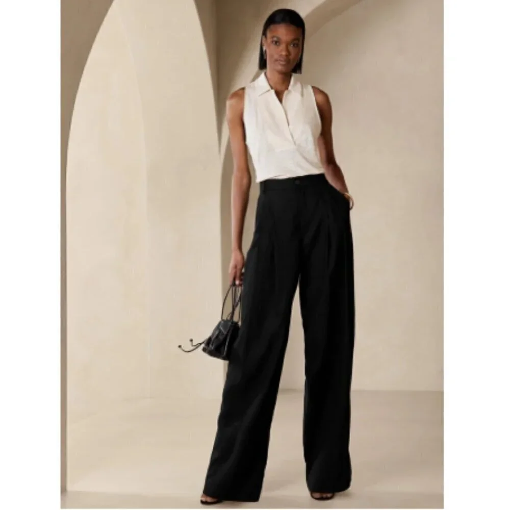 Banana Republic LENA Linen WIDE LEG Black PLEATED Pant sz 6 PETITE #629205 $140